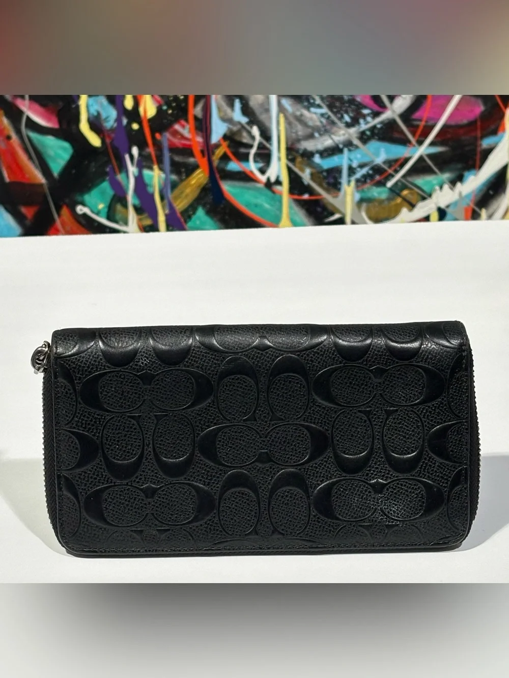 Coach Black Embossed Signature Leather Zip Around Wallet